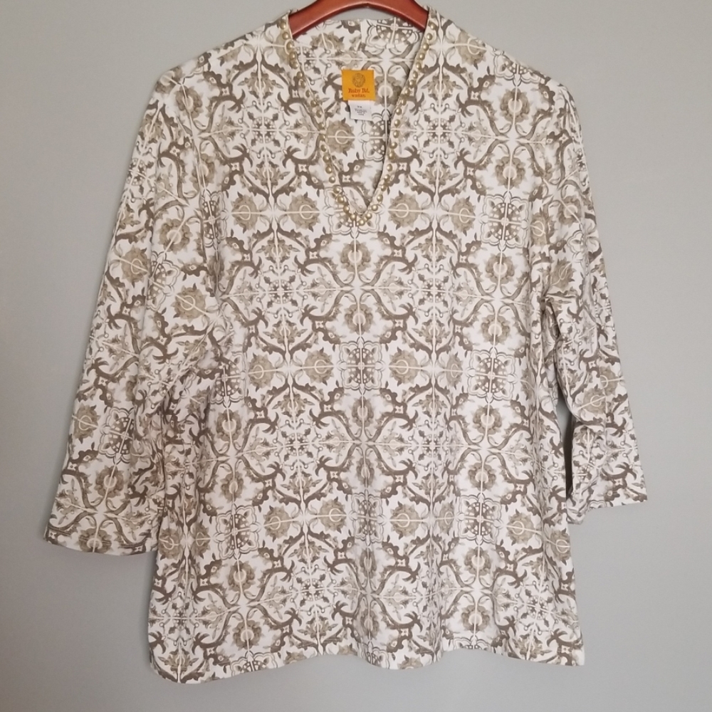 {Ruby Rd.} Women Brown & White Printed V-neck Top